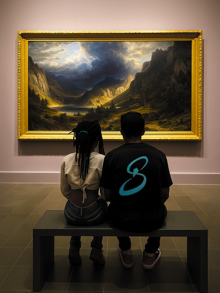 Two people sitting on a bench, viewed from behind, looking at a large framed landscape painting of a mountain valley with a lake and dramatic clouds. The painting has a prominent gold frame and is displayed on a light wall in a gallery-like setting.